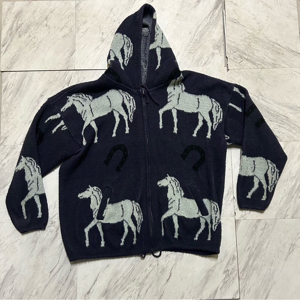 Tejidos Atahualpa Wool Sweater Mens Large Hooded horse Pattern zip up hoodie